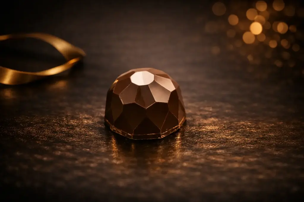 Pralinka Diamant je z belgické hořké čokolády s hořkočokoládovým krémem.