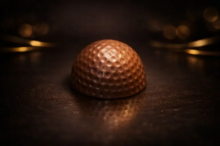 Pralinka Golfový míček je z mléčné, hořké nebo bílé belgické čokolády plněný vanilkovým krémem s kokosem.