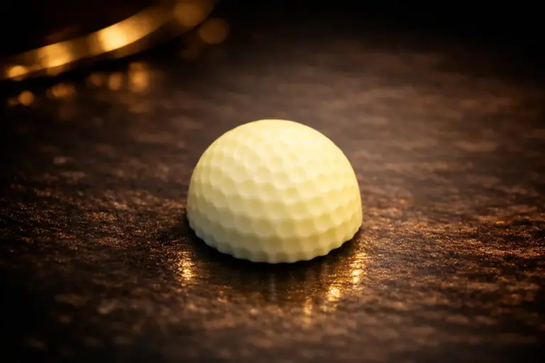 Pralinka Golfový míček je z bílé belgické čokolády plněný vanilkovým krémem s kokosem.
