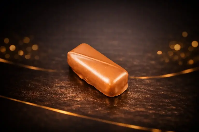 Pralinka Krokant nugát je z mléčné belgické čokolády s krokantem a nugátem.