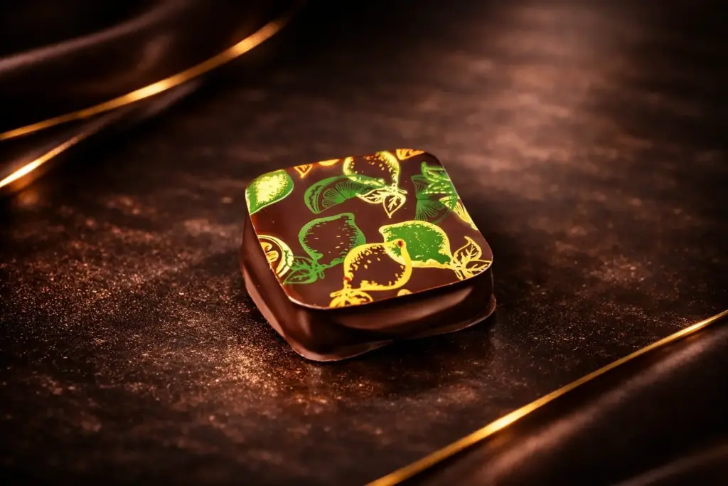 Pralinka Lemon ganache je z hořké belgické čokolády s citrónovou náplní.