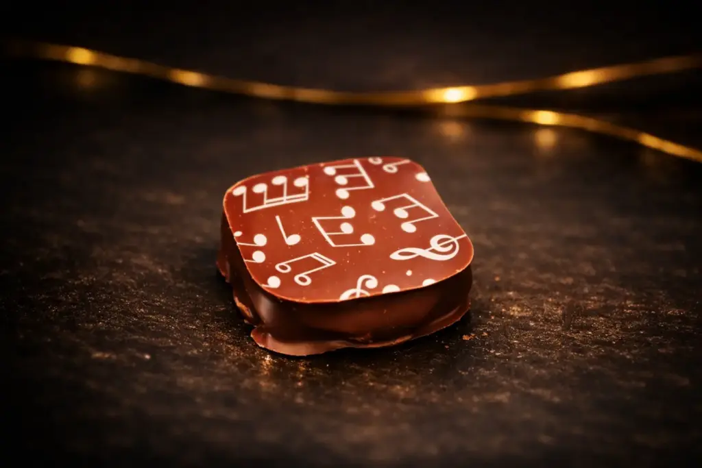 Pralinka Mango Ganache je z belgické hořké čokolády s čokoládovo-nugátovou náplní s mangovou příchutí.