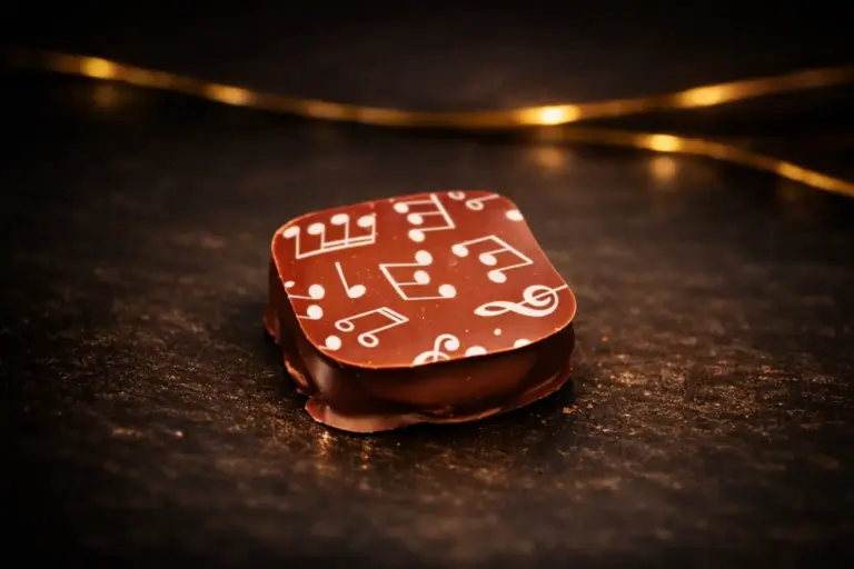 Pralinka Mango Ganache je z belgické hořké čokolády s čokoládovo-nugátovou náplní s mangovou příchutí.