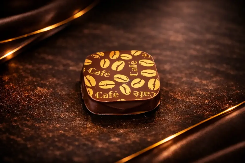 Pralinka Mocca Ganache je z belgické hořké čokolády s čokoládovo-nugátovou náplní s kávovou příchutí.
