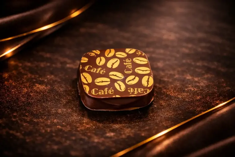Pralinka Mocca Ganache je z belgické hořké čokolády s čokoládovo-nugátovou náplní s kávovou příchutí.