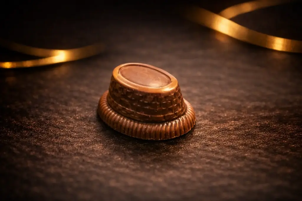 Pralinka Nugátový košíček je z mléčné belgické čokolády s nugátovým a čokoládovým krémem s whisky.