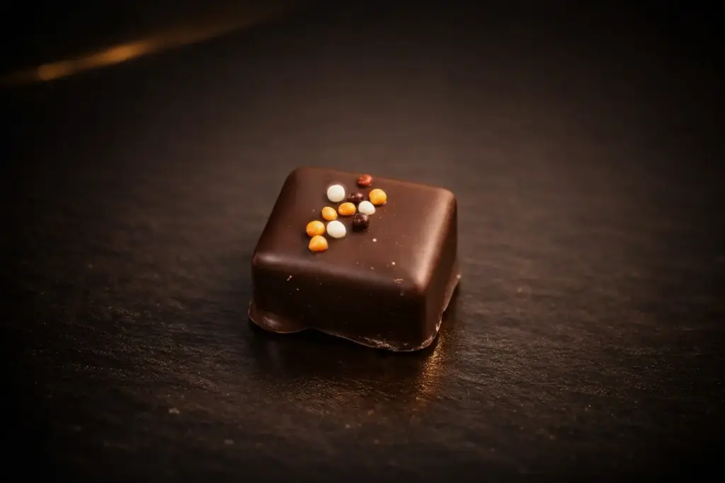 Pralinka Slaný karamel je z belgické mléčné nebo hořké čokolády se slanou čokoládovo-nugátová náplní.