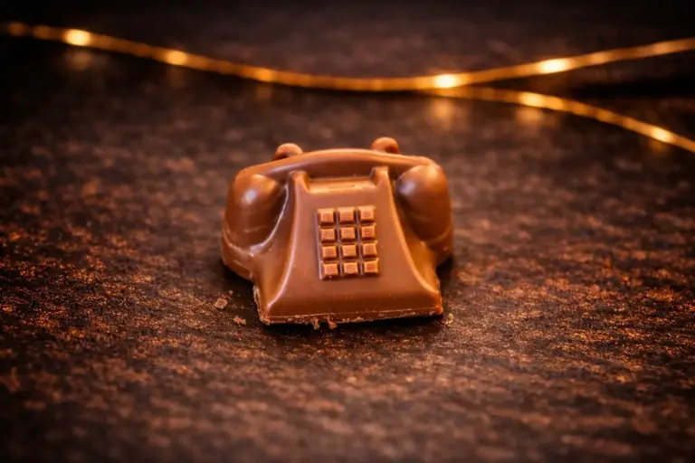 Pralinka Telefon je z mléčné belgické čokolády plněná nugátovou náplní s lískovými oříšky.