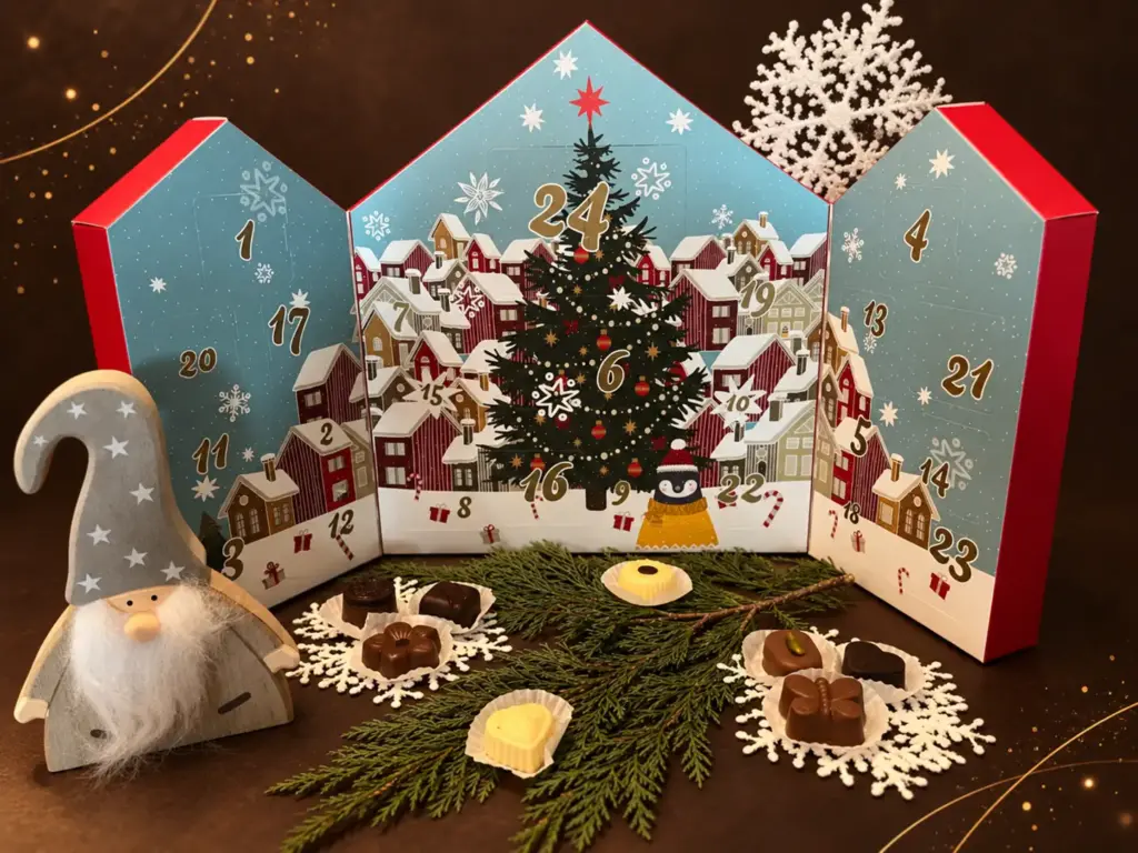 Rozevírací adventní kalendář s vánoční vesničkou